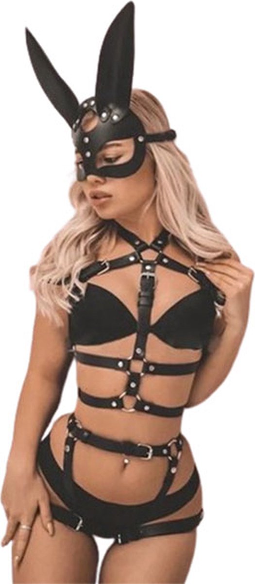 Goedkoopste 3-delige lederen bondage harnas vrouwen | BDSM | SM | Beha romp harnas | Billen harnas | Masker konijn | BH | Leer | Lingerie | Dames | Goede kwaliteit | Verstelbaar | Kinky | Leer