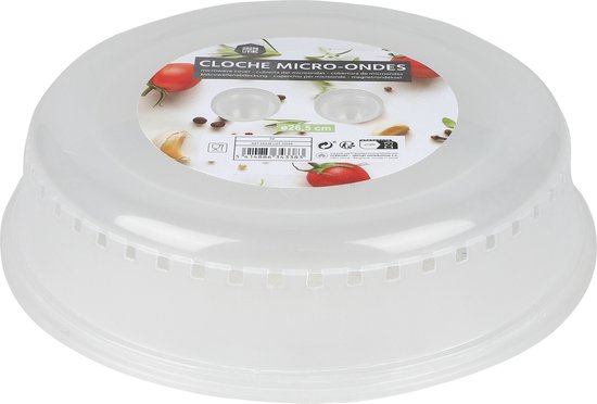 Transparant magnetrondeksel met ventilatiegaatjes en een etiket met tomaten en kruiden, doorsnede 26,5 cm.