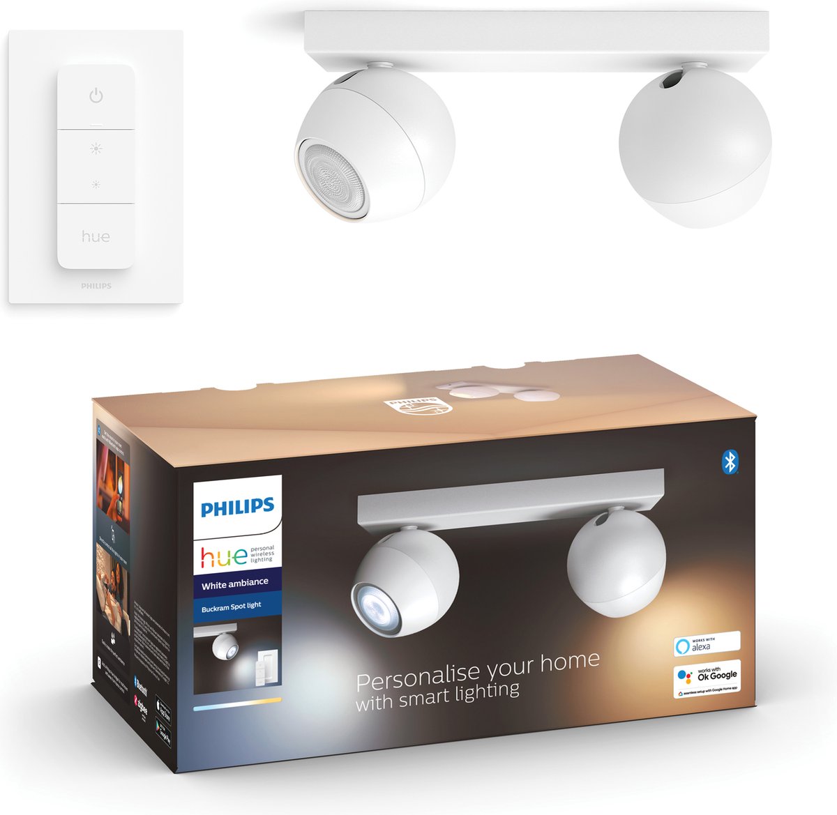 Bol.com Philips Hue Buckram opbouwspot - warm tot koelwit licht - 2-spots - wit - 1 dimmer switch aanbieding