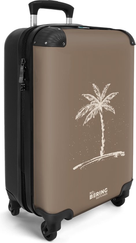 Bruine koffer met beige palmboomprint en zwarte accenten. Zwarte wieltjes en handgreep.