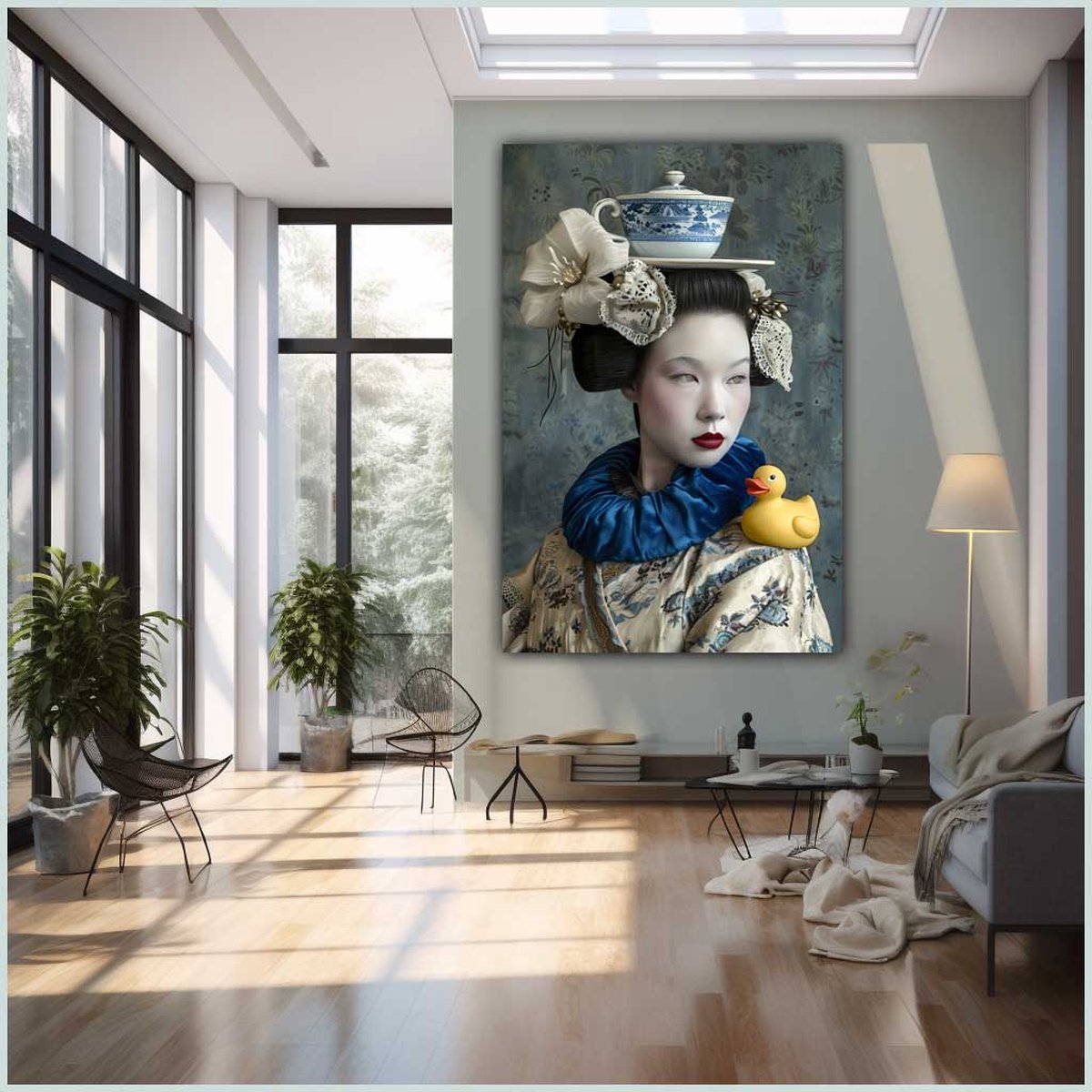 Canvas schilderij - Canvas - Staand - 50 x 70 cm - Portret - Vrouw - Geisha - Badeend - Porselein - Japan - Modern - Wanddecoratie - Muurdecoratie woonkamer - Uniek - Exclusief -Picturetopicture