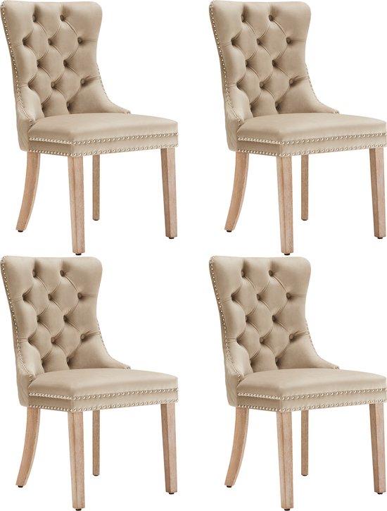 4 stuks gecapitonneerde eetkamerstoelen - fluwelen gecapitonneerde eetkamerstoelen met knoopstiksel - gestoffeerde eetkamerstoelen voor keuken/slaapkamer/eetkamer - massief houten frame - lichtbruin