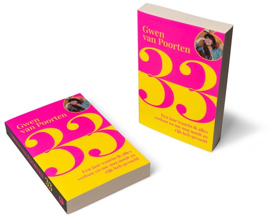 Two book covers with pink and yellow sections, featuring large "33" and a photo of Gwen van Poorten.