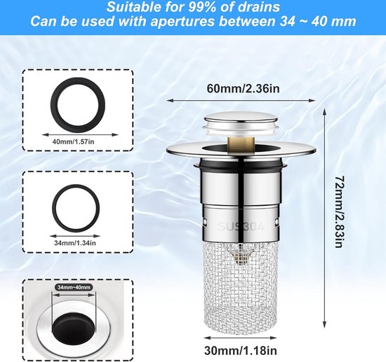 Gootsteen Plug, (34-40mm) Universele Badkamer Pop Up Wastafel Plug Vervanging Rvs Zeef, pop-up Gootsteen Plugs voor, Bad, Wastafel