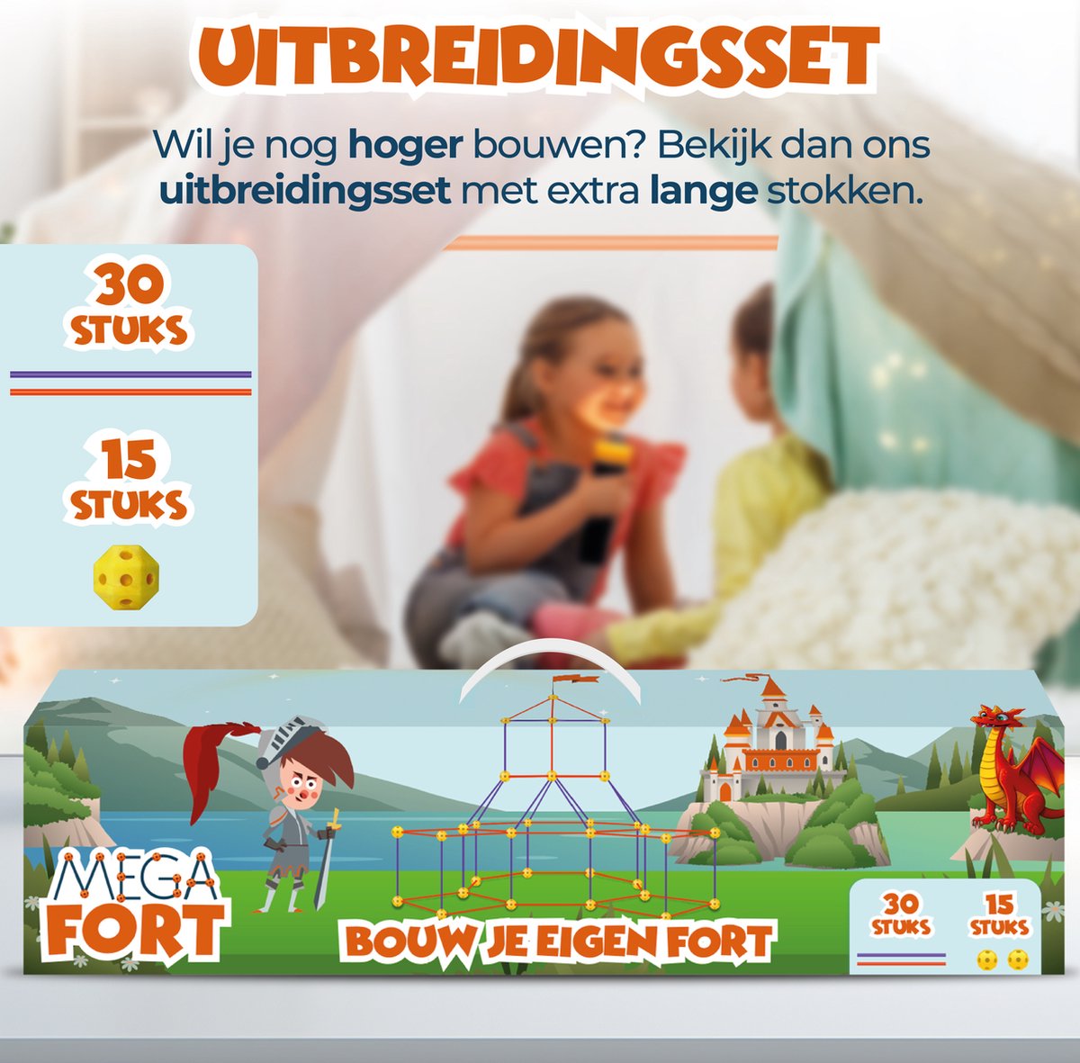 MEGAFORT Fort Bouwpakket Glow in the Dark - Hut & Fort Bouwen - 120 Delen, Stokken 42,5 cm - Speeltent - Speelgoed 4 Jaar - Montessori Speelgoed — afbeelding 9