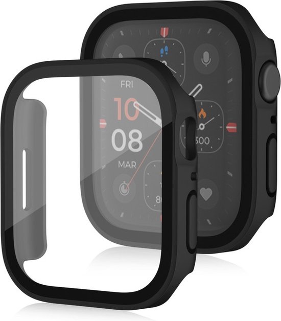 Zwarte Apple Watch case met een beschermend display, gedeeltelijk op een donker display van een Apple Watch.