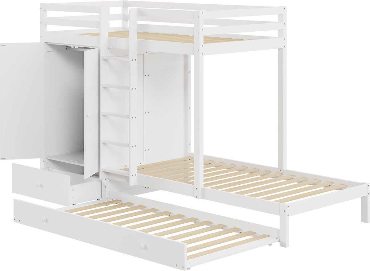 Merax Stapelbed 90x200 cm met Kast en Lade – Extra Uitschuifbaar Bed – Wit