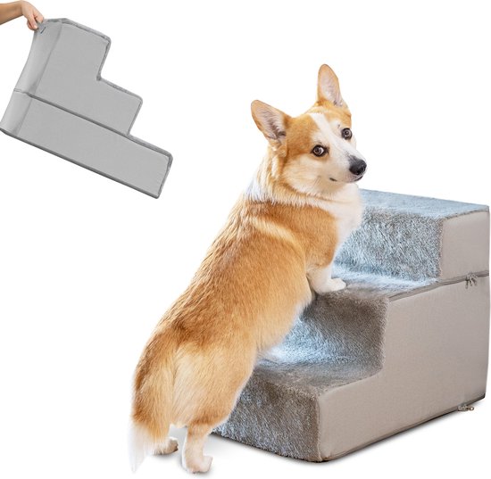 Hondentrapje voor honden - 3 treden - 43 cm hoog - Hondentrap voor kleine honden - Veilig en stabiel Hondentrapje - Afneembare en wasbare hoes - Hondenloopplank met AntiSlip bodem - Crème Wit