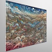 Doodle landschap schilderij | Magische droomwereld in surrealistisch doodle landschap kunstwerk | Kunst - 75x75 centimeter op Forex | Foto op Forex