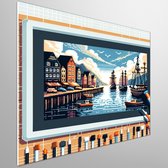 Pixel art haven schilderij | Haven Pixelated: A Harbor of Artistic Serenity and Imagination | Kunst - 100x100 centimeter op Forex | Foto op Forex