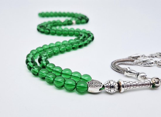 Handgemaakte tesbih natuursteen "Groene kwartz" - Aantal kralen 99 - Diameter kralen 8MM - met metaal tassel "Maryams handpalm" - Een mooi cadeau-idee