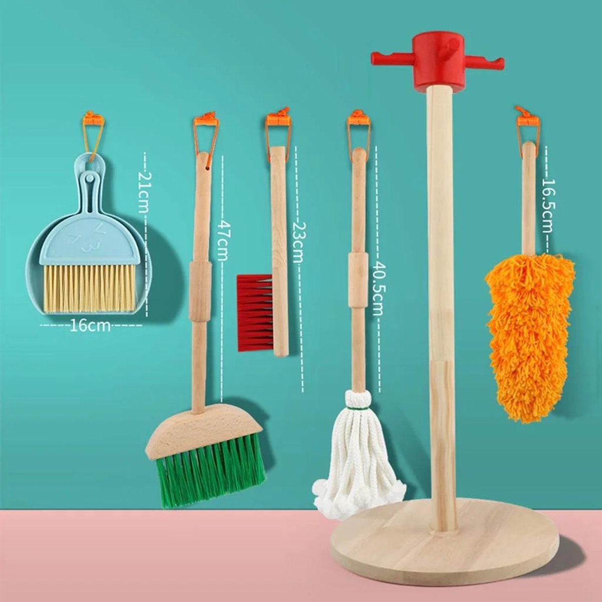 Buxibo Kinder Schoonmaak Set - Houten Huishoudelijke Gereedschap - Mini Bezem, Stoffer, Mop - Montessori Speelgoed - Multicolor — afbeelding 4