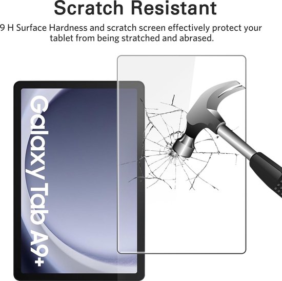 Schermprotector voor Samsung Galaxy Tab A9+ die bestand is tegen krassen, met een demonstratie van een hamer die op een gebroken scherm slaat.