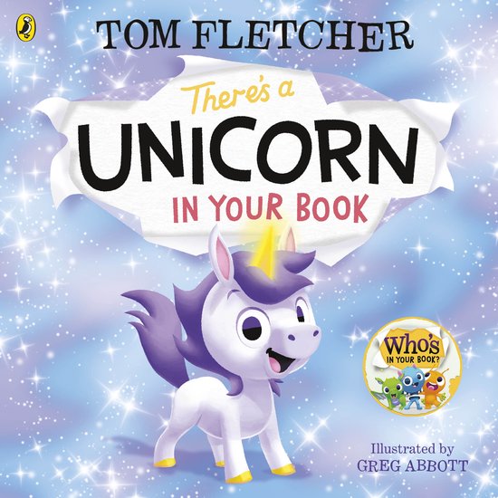 Boekomslag van "There's a Unicorn in Your Book" met een vrolijke, witte eenhoorn met paarse manen en hoorn, tegen een sprankelende blauwe achtergrond.