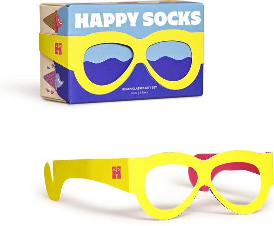 Happy Socks 'Beach Glasses Gift Set' doos en gele papieren bril met roze montuur.