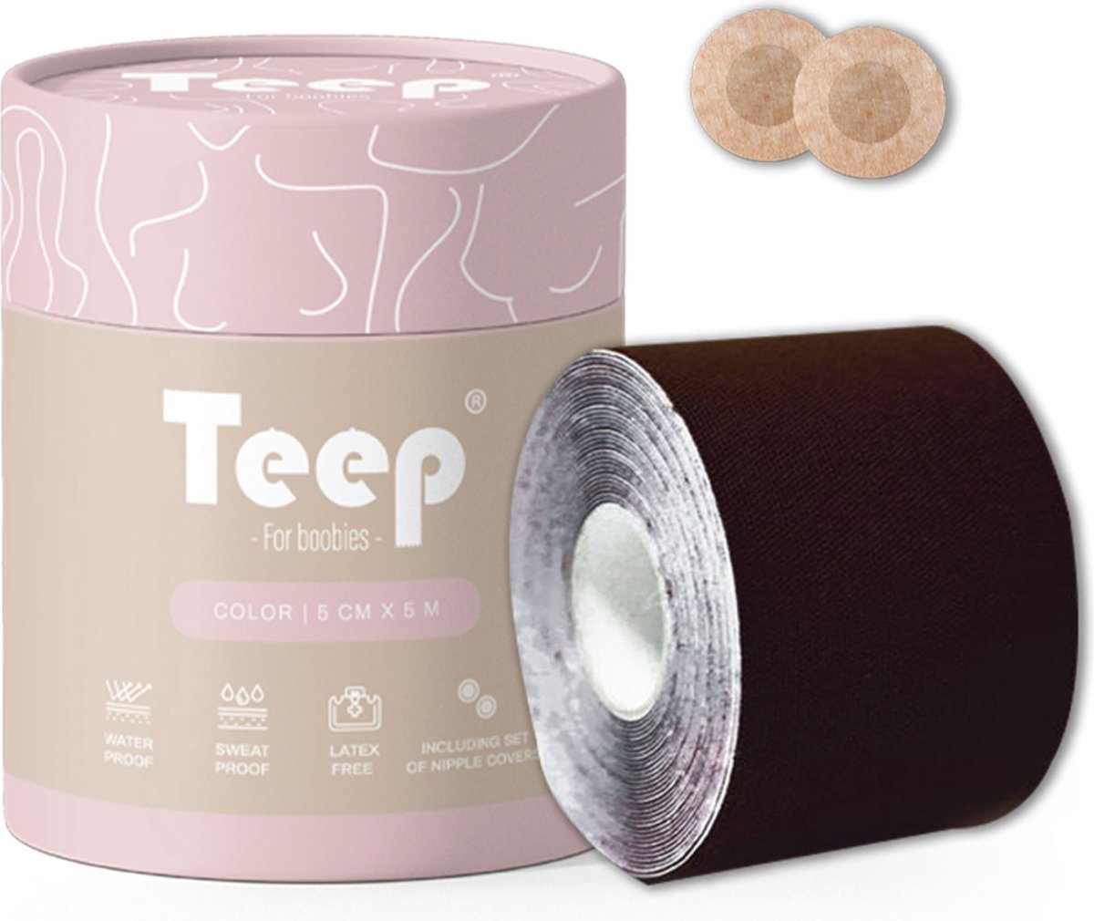 Boob tape - Boobtape - Plak bh - Donkerbruin - 500x5cm - Inclusief set nipple covers - Teep