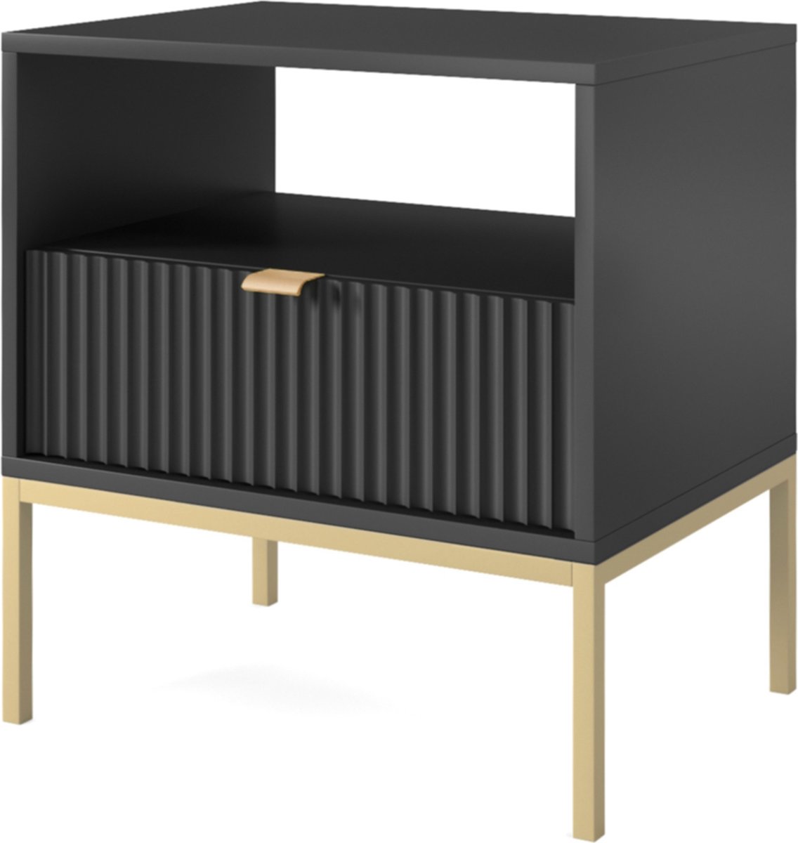 Selsey Vellore - Nachtkastje 54 cm - zwart met geribbelde front en gouden frame