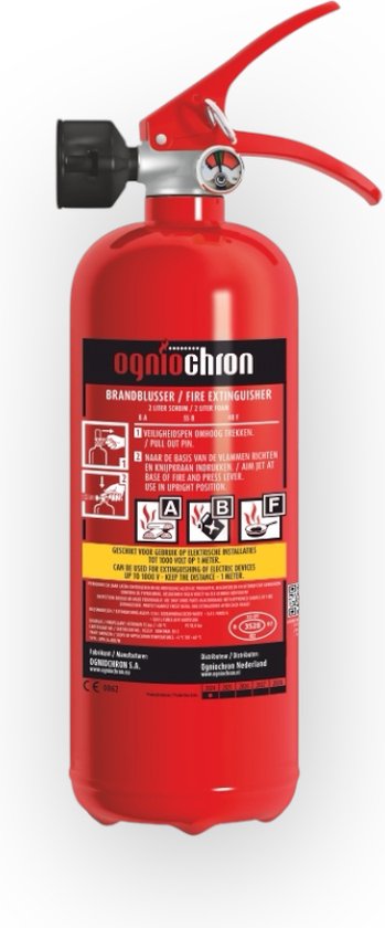 Ogniochron Schuimblusser 2 liter - brandklasse ABF - brandblusser - Inclusief wandbeugel en keuringssticker - Voldoet aan de wettelijke eisen