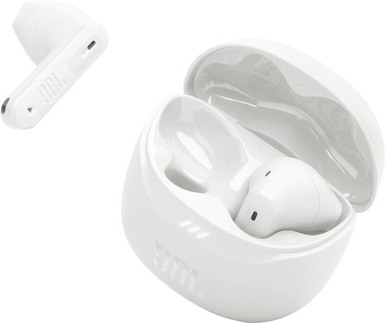 Witte draadloze oordopjes met oplaadcase.