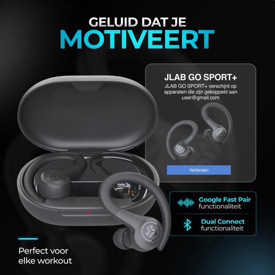JLab GO Sport Draadloze Oordopjes – Oortjes draadloos - Bluetooth - 35 uur Speeltijd - IP55 Waterbestendig - Aanpasbare EQ3 instellingen - Hardlopen - Zwart