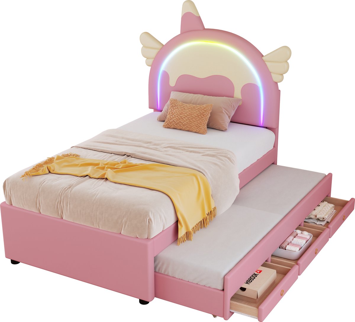 Merax Eenhoorn Kinderbed 90x200 cm - Unicorn Eenpersoonsbed voor Kinderen - Kunstleer Gestoffeerd Bed met extra Uitschuifbaar Bed 90x190 cm Inclusief 3 Bedlades - Roze