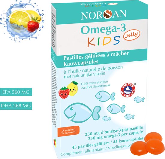 NORSAN | OMEGA-3 KIDS JELLY | 1000 MG | EPA 560 MG | DHA 268 MG | VITAMINE D | PUUR EN ZUIVER | 45 KAUWCAPSULES