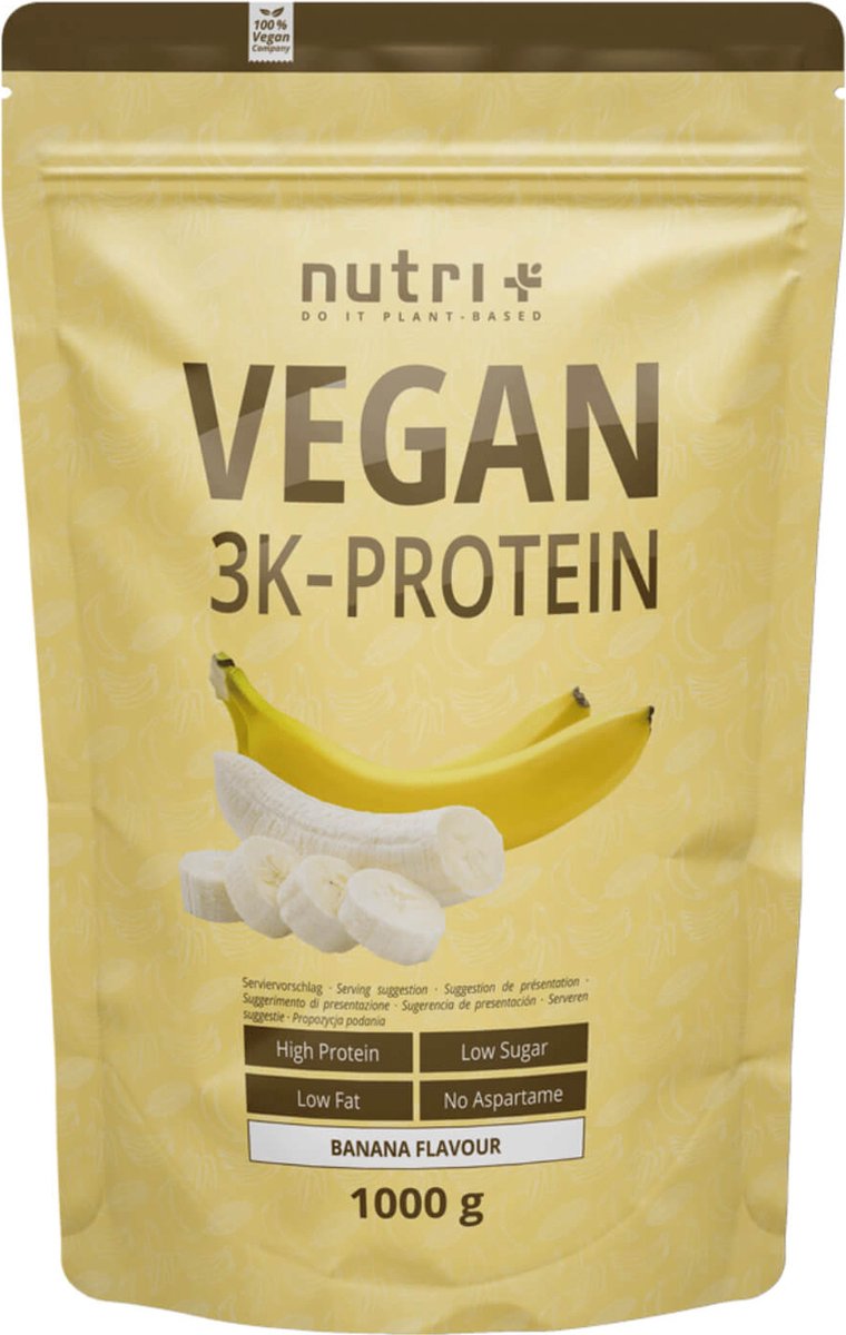 Goedkoopste nutri Vegan 3K Protein - Eiwitpoeder Banana - Veganistisch proteïnepoeder - met proteïnen uit soja, erwten en zonnebloem - lactosevrij en glutenvrij - 1000 g