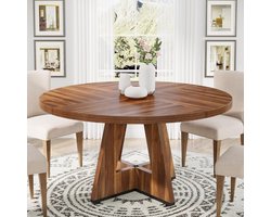 Tribesigns Keukentafel - Ronde Eettafel - 120 X 120 X 75 cm - Eetkamertafel Voor 4 Personen - met Houten Tafelblad en Poten - Industrieel Design - Vintage - Rustiek Bruin