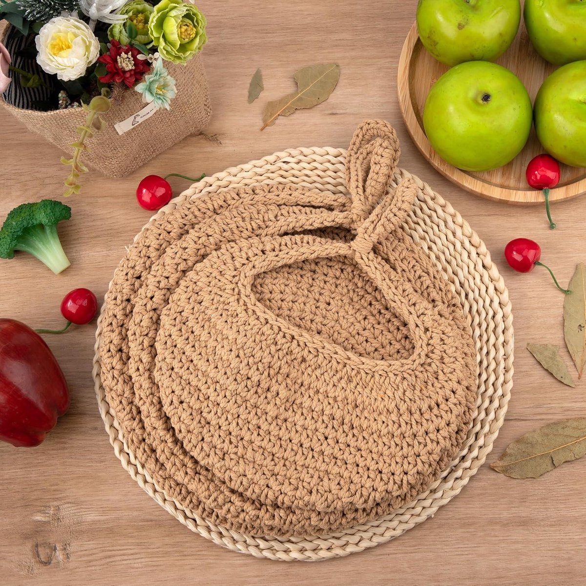 Fegtrtyoa Mand Hangmand voor Keuken - 3Pack Boho Muur Opknoping Mand met 6 Stks Haken voor Fruit Groente Aardappel Opslag