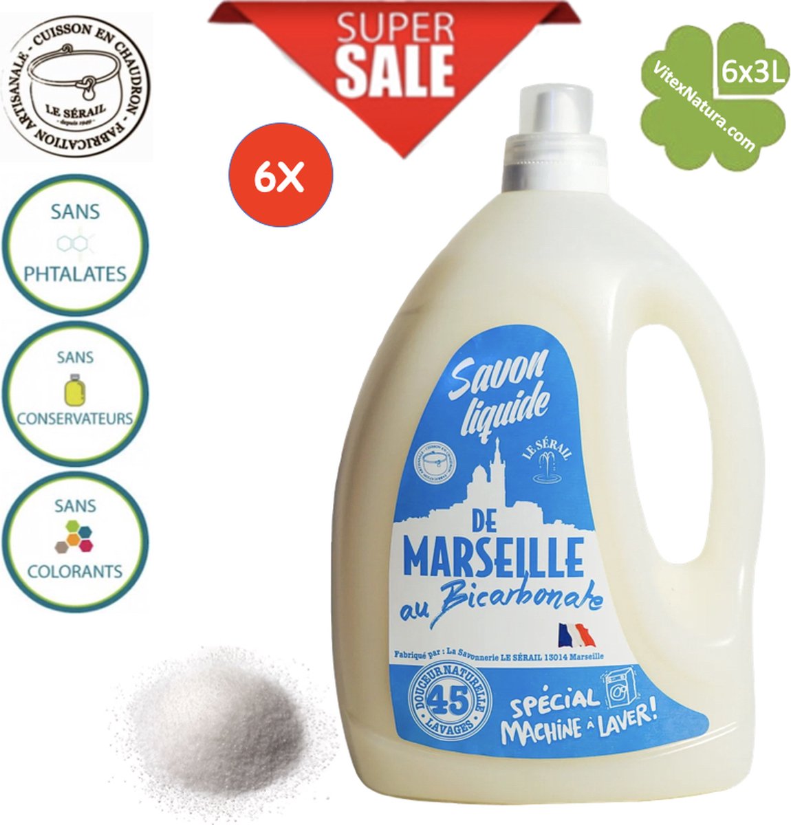 Goedkoopste Marseillezeep | vloeibaar wasmiddel met natriumbicarbonaat 6x3L | de authentieke geur van schoon linnen | merk Le Serail
