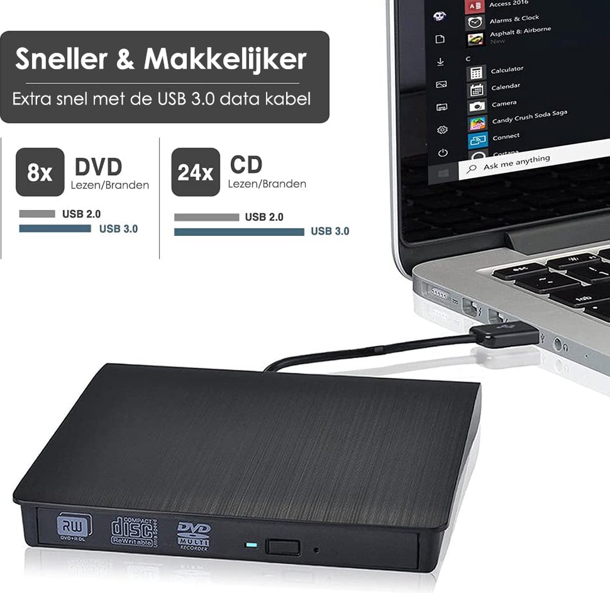 Externe DVD speler en brander USB 3.0 & USB-C voor laptop, MacBook, PC - DVD/CD lezer en schrijver, plug & play - Afbeelding 3