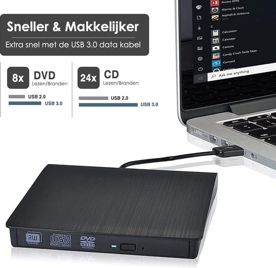 Externe DVD Speler en Brander voor Laptop & Macbook - DVD/CD - Met USB 3.0 en USB-C adapter - Optische drive - Plug & Play van Gadgetplace — afbeelding 3