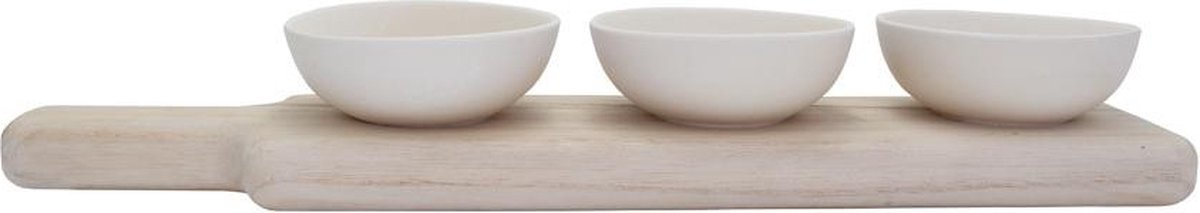 LEEFF - Serveerset SAAR - zandkleur - Set van 3 kommetjes en houten serveerplank - 43 cm x 10 cm