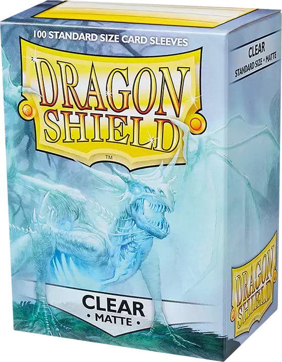 Doosje Dragon Shield Clear Matte kaarthoesjes met een draak erop.