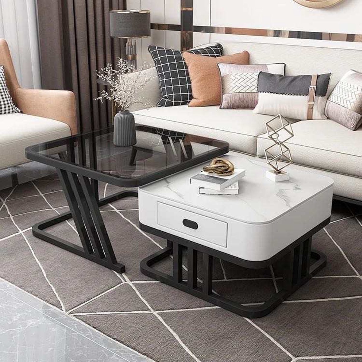 Swiss Homess Swiss Homes® - Square | Salontafel Set van 2 - Marmer Look & Tempered Glas - Ø70 / Ø 70 / Ø 45 cm | Mystic White (Wit)- Bijzettafel - Tafel Rond - Woonkamer Tafel - Decoratie Tafel - Salon Tafel - Wandtafel - Koffietafel | MDF & Gehard Glas Mystic White | Glas