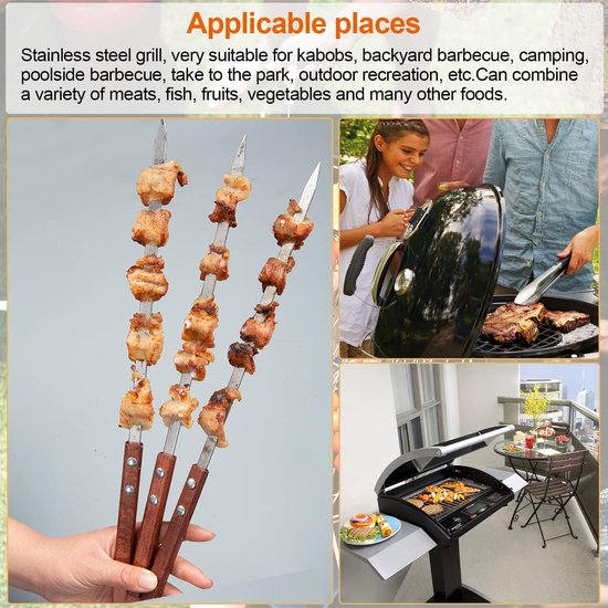Famanu Grillspiesen, 8 stuks, herbruikbaar, 40 cm, platte sjasliekspiesen, roestvrij staal, met houten handvat, kebab-spiesen voor vlees en groenten, vleessspiesen, barbecue-accessoires van Famanu — afbeelding 4