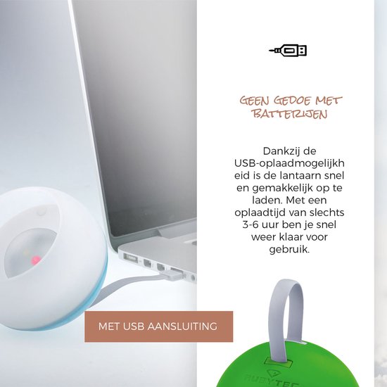 Rubytec Bulb USB lantaarn - 10.2 x ø 8 cm - 3 Lichtsterktes - Oplaadbaar via USB - Spatwaterdicht - Buitenlamp - Buitenverlichting - Geen Batterijen - Hanglantaarn - ABS - Campinglamp - Groen van Rubytec — afbeelding 3