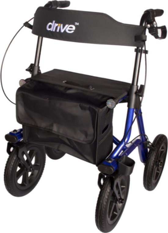 Blauwe rollator met 'drive' logo, vier zwarte wielen, zitje, tas en een rugleuning.
