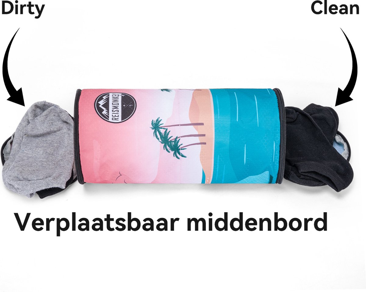 Reismonkey Packing cubes Clean & Dirty Island - Ondergoed organizer - BH organizer - Sokken organizer - Bagage organizers reizen - Verschuifbaar middenstuk - Travel organizers - Water en vuilafstotend - Sterke ritsen