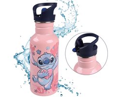 DISNEY Stitch Stalen Bidon, Roze Fles met Tuit en Handvat 500ml