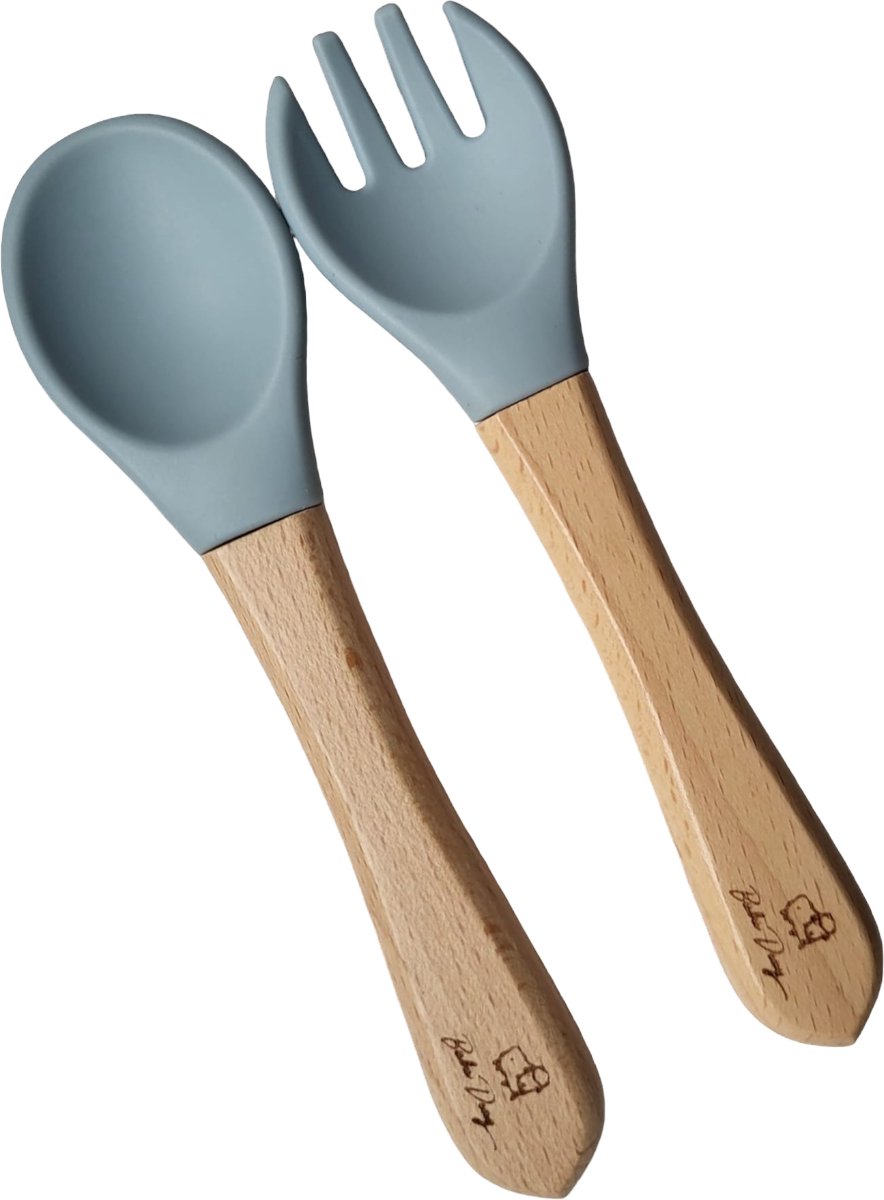 Goedkoopste Baba Ding Siliconen Houten Bestek - babybestek - Oefenbestek - Buigzaam - Flexibel - Vork en lepel - kinderbestek - Blauw