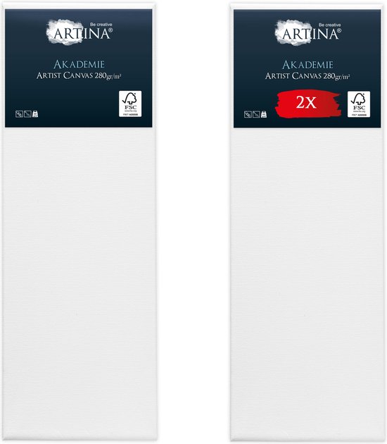 Verpakkingen van twee witte Artina Akademie Artist Canvas 280 g/m², één met een rode "2X" sticker.