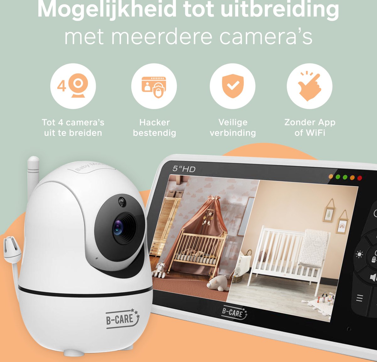 Afbeelding 3 van B-Care Star Supreme - Babyfoon Met Camera - 5.0 Inch HD Baby Monitor - Uitbreidbaar Tot 4 Camera's - Zonder Wifi en App