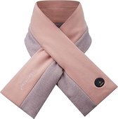 Roze en lichtgrijze Thermrup verwarmde sjaal met een geborduurd "Thermrup" logo en een zwarte knop met "THERMRUP" erop.