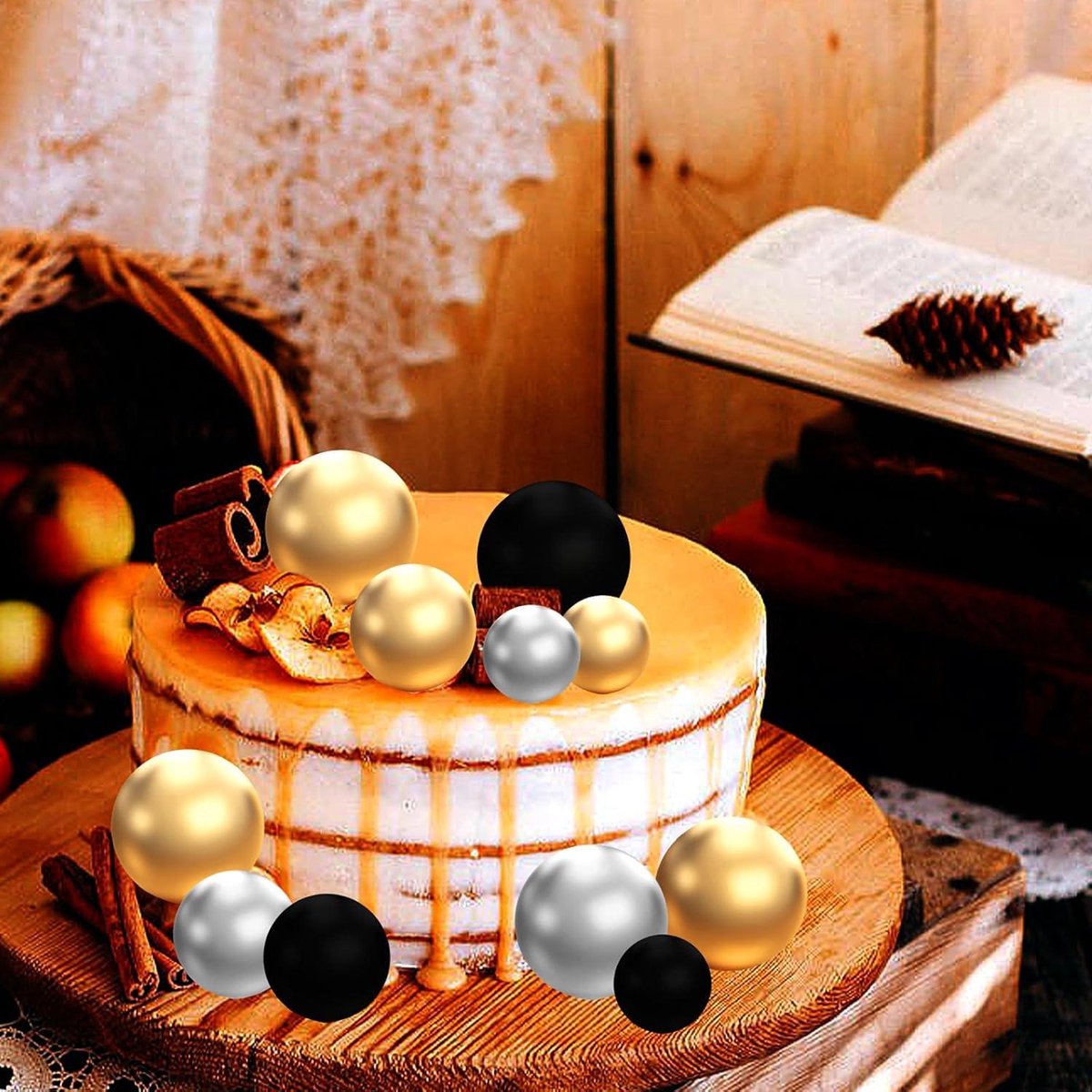 Décorations Gâteau Anniversaire Noir Et Or - 44 Pièces (chiffres, Boules, étoiles, éventails), Non Comestible