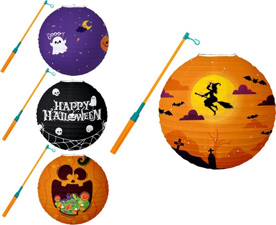 Set van 4 Halloween lantaarns met stokken. Met heks, spook, 'Happy Halloween' tekst, en pompoen met snoep.