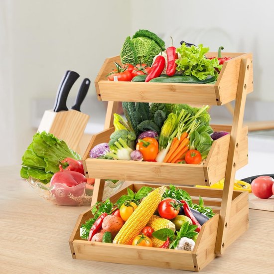 OHMG Support de Corbeille à Fruits en Bambou 3 étages,Fruit basket,Support à Panier de Fruits Rangement pour Les légumes pour Plan de Travail de