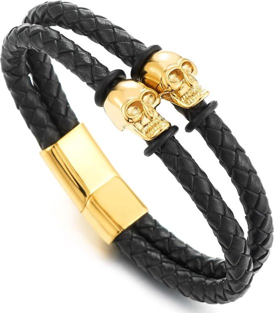 Stalen herenarmband met gevlochten zwart leer | Lucardi-NL