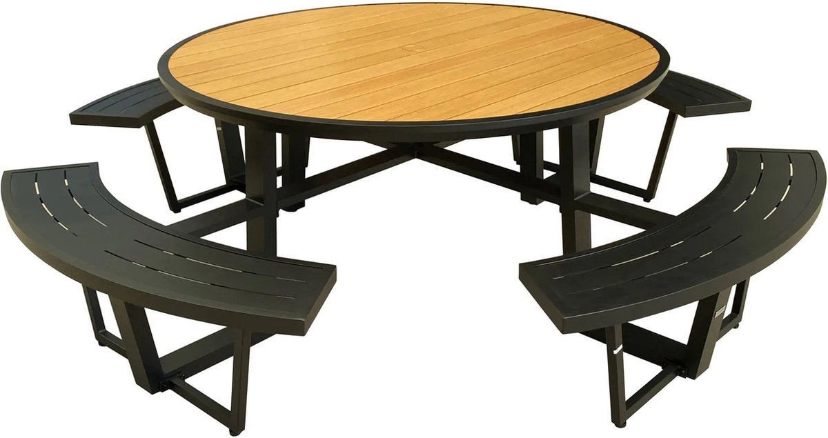 Mobistoxx - Ronde picknicktafel PERUGIA - 8 plaatsen - aluminium - zwart/wood effect
