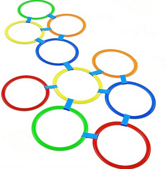 Set van 10 Plastic Coördinatieringen met Verbindingsstukken - Voor Sensorische en Balanstraining Binnen en Buiten - Coördinatieringen | 10 Hoepels Ø38 cm + 10 Koppelstukken - Groen, Geel, Rood, Blauw, Oranje - Speelringen | Trainingsmateriaal Voetbal